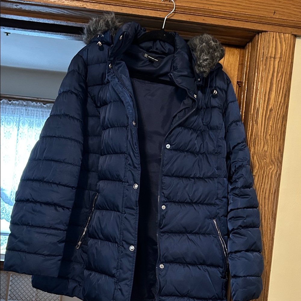 INC International Concepts Navy Puffer Jacket with Faux Fur Hood
